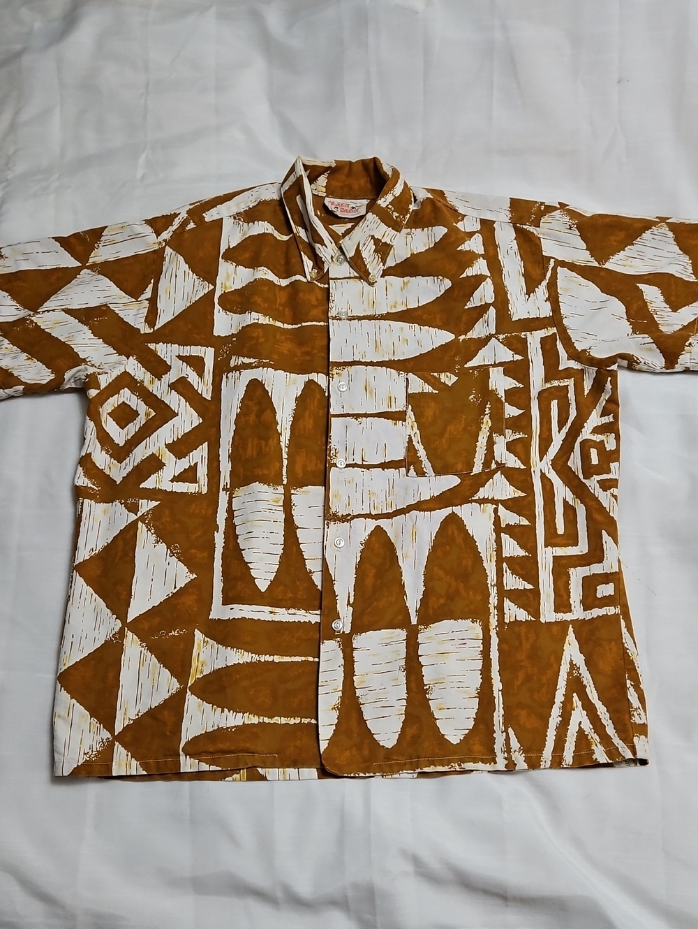 Go Barefoot In Paradise Vintage MED Tribal Abstract Print Hawaiian Shirt Brown